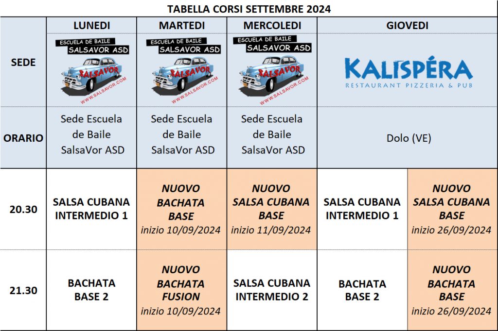 Tabella orari SETTEMBRE 2024